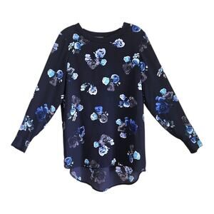 THAKOON Women's M Tunic Top Designer Navy Blue Floral Long Sleeve Chiffon 40"